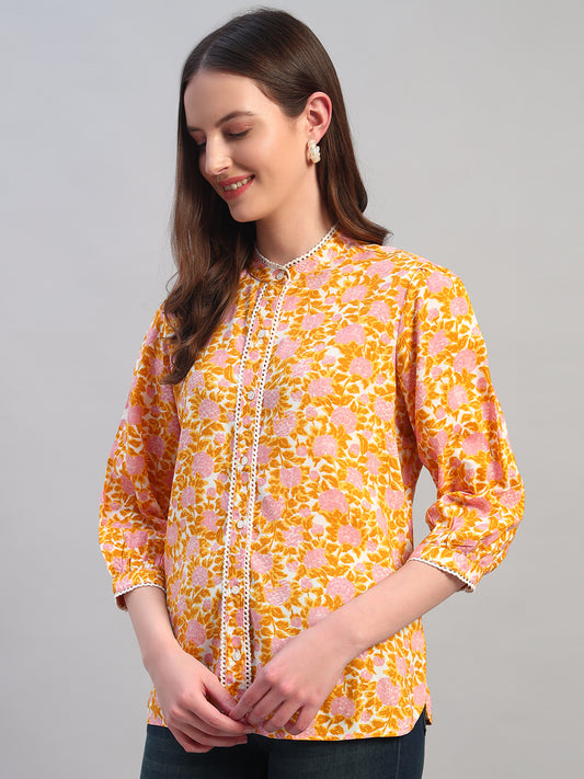 Women Mustard Printed Round Neck 3/4th Sleeves Casual Top
