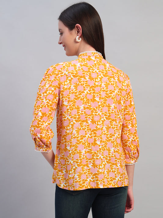 Women Mustard Printed Round Neck 3/4th Sleeves Casual Top