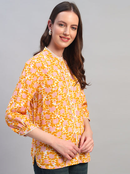 Women Mustard Printed Round Neck 3/4th Sleeves Casual Top