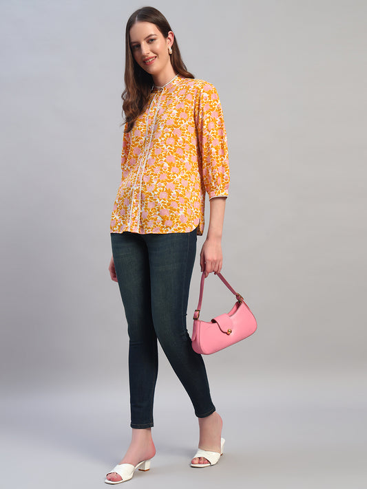 Women Mustard Printed Round Neck 3/4th Sleeves Casual Top