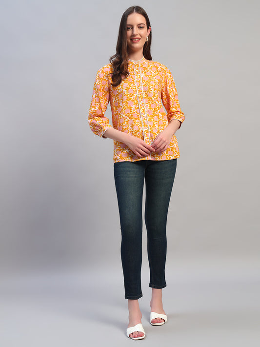 Women Mustard Printed Round Neck 3/4th Sleeves Casual Top
