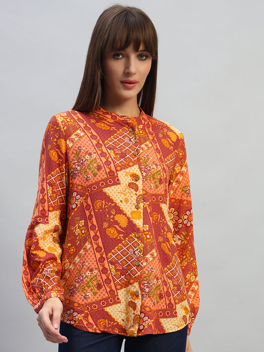 Women's Coral Printed Full Sleeves Round Neck Casual Top
