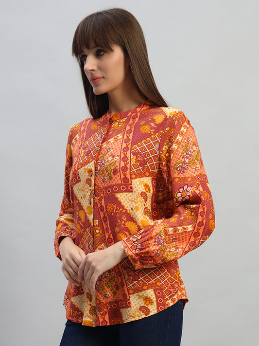 Women's Coral Printed Full Sleeves Round Neck Casual Top