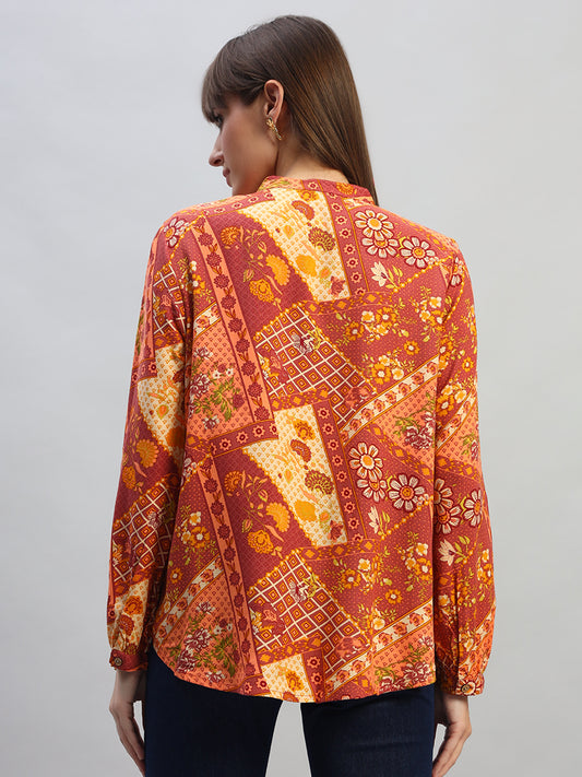 Women's Coral Printed Full Sleeves Round Neck Casual Top
