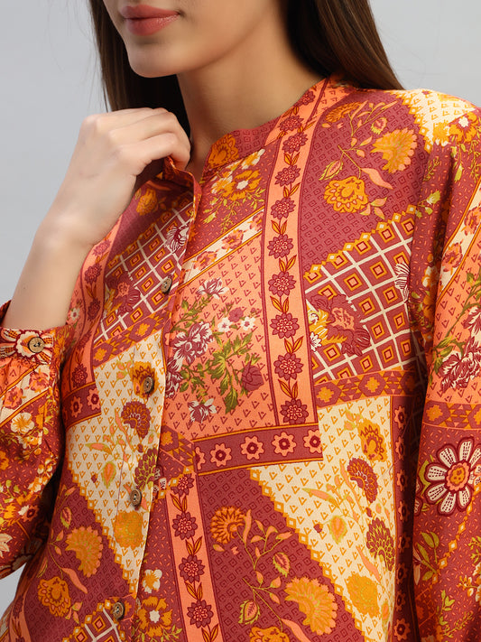 Women's Coral Printed Full Sleeves Round Neck Casual Top