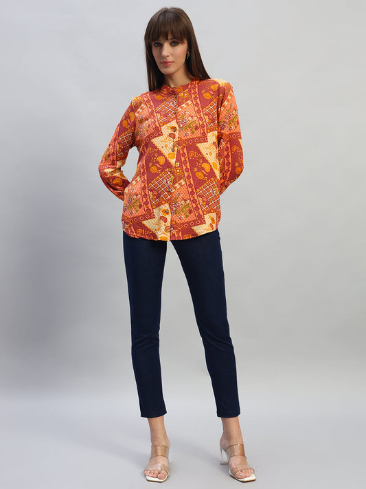 Women's Coral Printed Full Sleeves Round Neck Casual Top