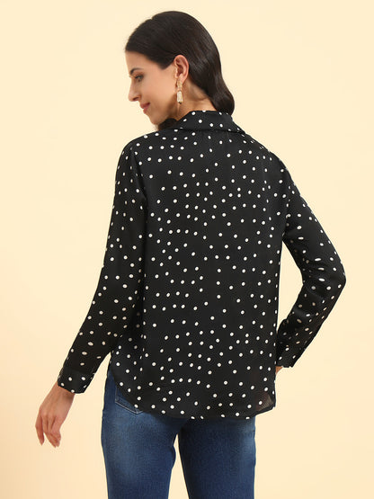 Women's Black Polka Dot Full Sleeve Spread Collar Casual Top