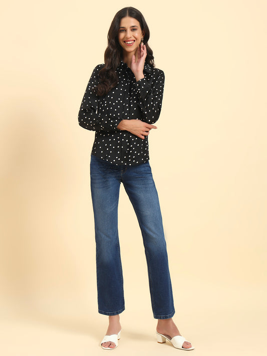 Women's Black Polka Dot Full Sleeve Spread Collar Casual Top