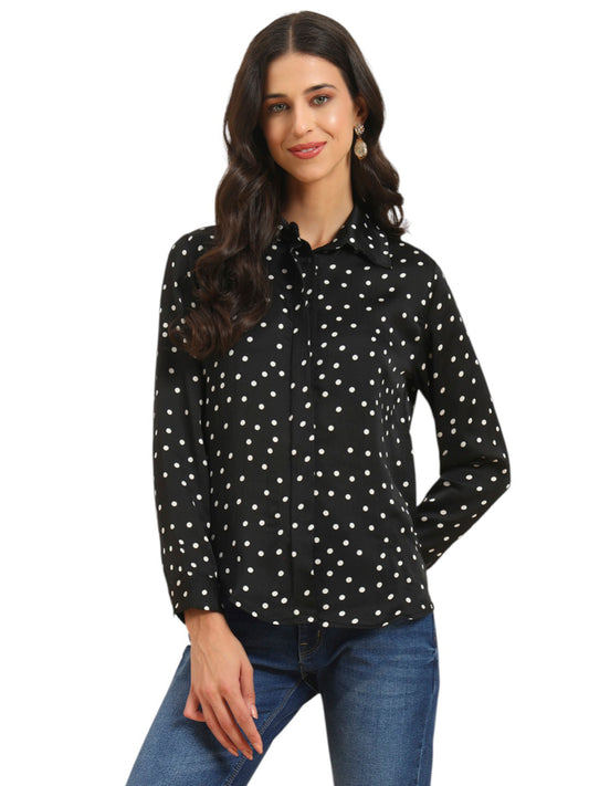 Women's Black Polka Dot Full Sleeve Spread Collar Casual Top