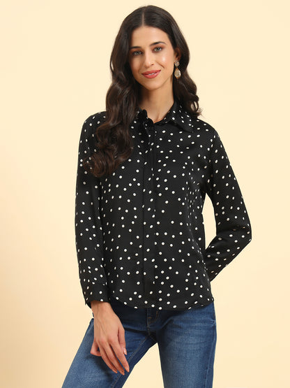 Women's Black Polka Dot Full Sleeve Spread Collar Casual Top