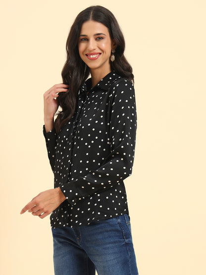 Women's Black Polka Dot Full Sleeve Spread Collar Casual Top
