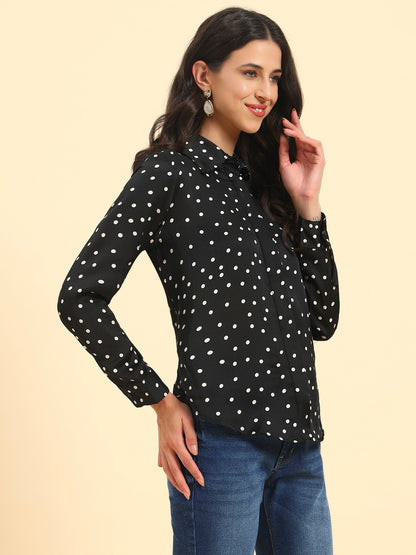 Women's Black Polka Dot Full Sleeve Spread Collar Casual Top
