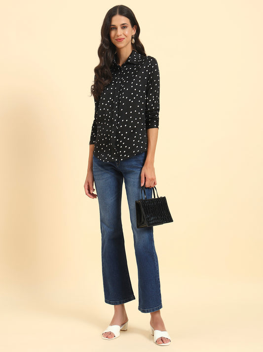 Women's Black Polka Dot Full Sleeve Spread Collar Casual Top