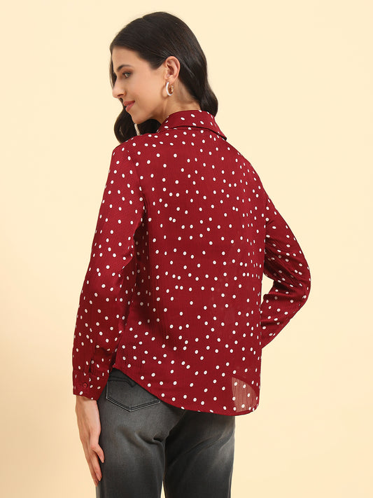Women's Wine Polka Dot Full Sleeve Spread Collar Casual Top