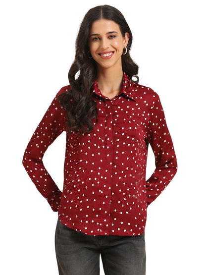 Women's Wine Polka Dot Full Sleeve Spread Collar Casual Top