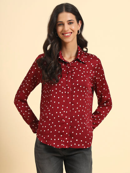 Women's Wine Polka Dot Full Sleeve Spread Collar Casual Top