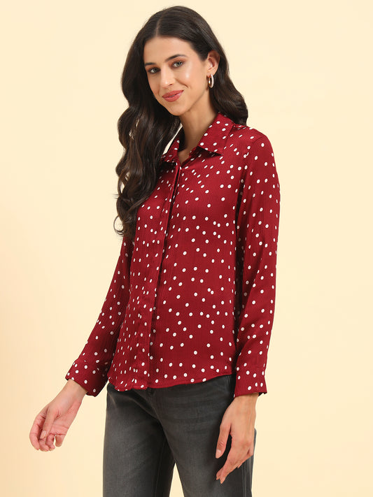 Women's Wine Polka Dot Full Sleeve Spread Collar Casual Top