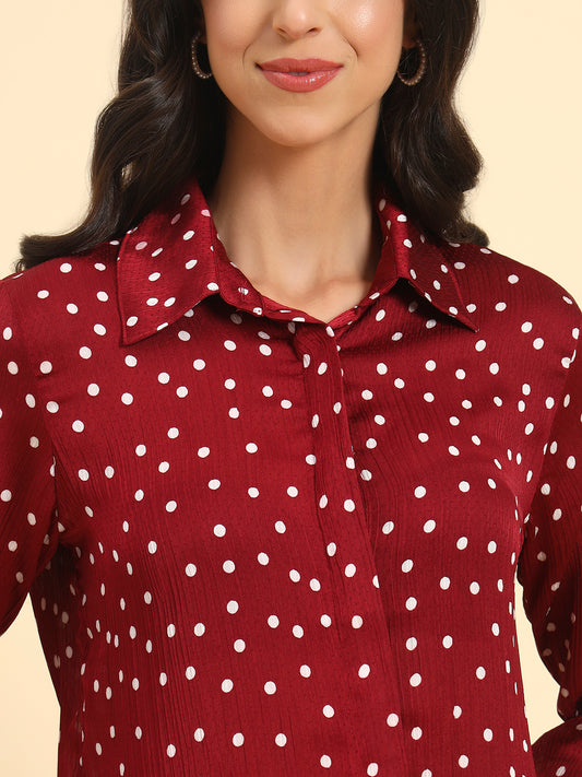 Women's Wine Polka Dot Full Sleeve Spread Collar Casual Top