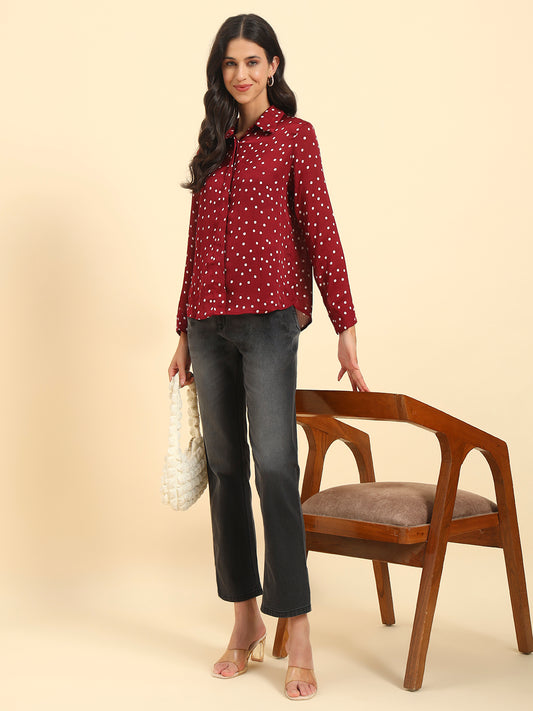 Women's Wine Polka Dot Full Sleeve Spread Collar Casual Top