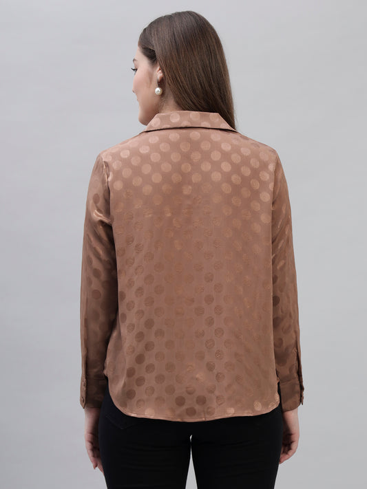 Women's Brown Self Design Full Sleeves Spread Collar Casual Top