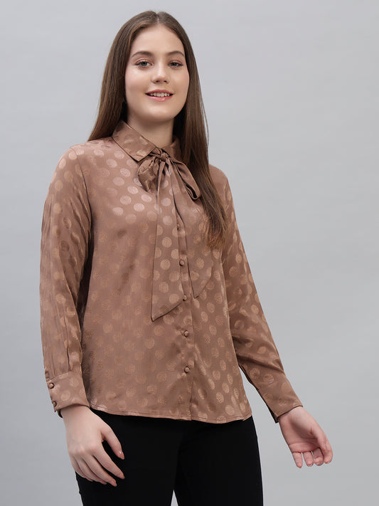 Women's Brown Self Design Full Sleeves Spread Collar Casual Top
