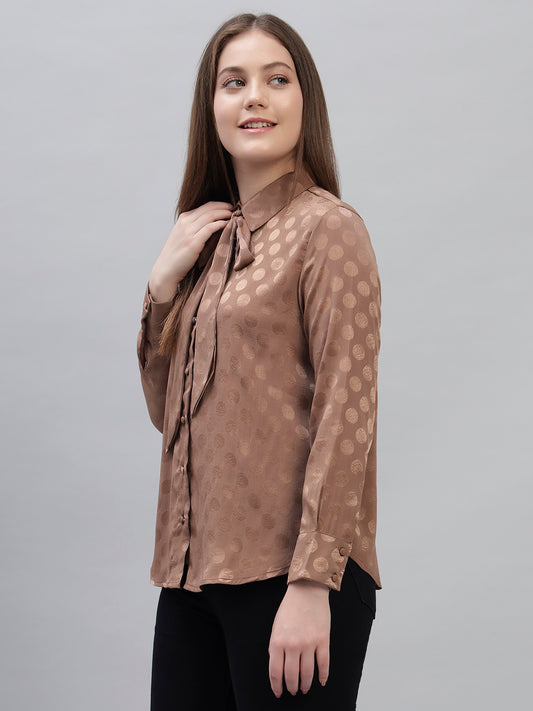 Women's Brown Self Design Full Sleeves Spread Collar Casual Top