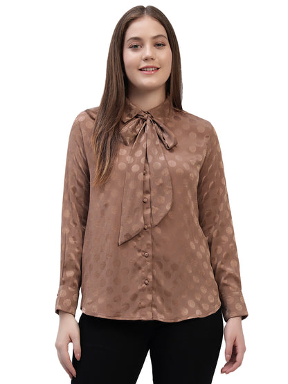 Women's Brown Self Design Full Sleeves Spread Collar Casual Top