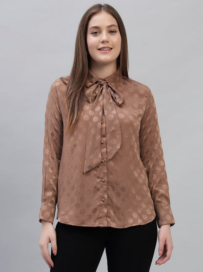 Women's Brown Self Design Full Sleeves Spread Collar Casual Top