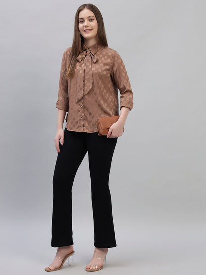 Women's Brown Self Design Full Sleeves Spread Collar Casual Top