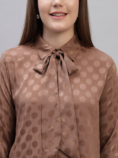 Women's Brown Self Design Full Sleeves Spread Collar Casual Top