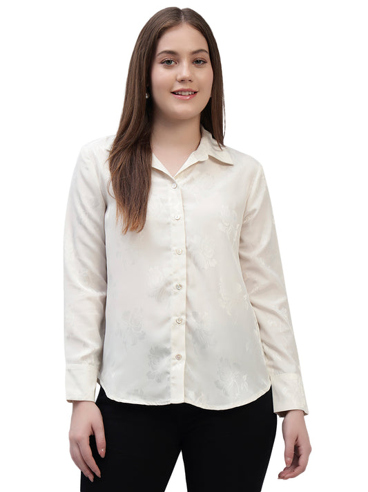 Women's Off White Self Design Full Sleeves Spread Collar Casual Top