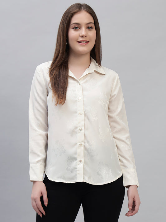 Women's Off White Self Design Full Sleeves Spread Collar Casual Top