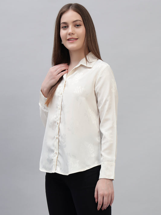Women's Off White Self Design Full Sleeves Spread Collar Casual Top