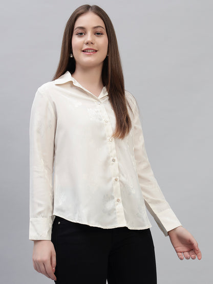 Women's Off White Self Design Full Sleeves Spread Collar Casual Top