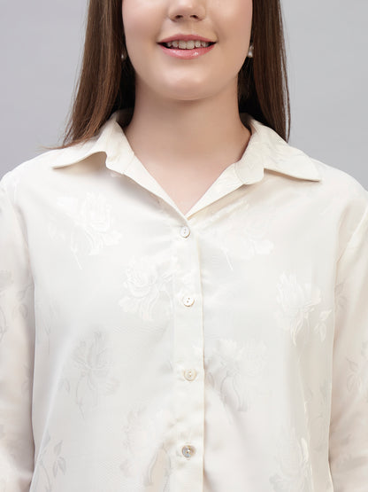 Women's Off White Self Design Full Sleeves Spread Collar Casual Top