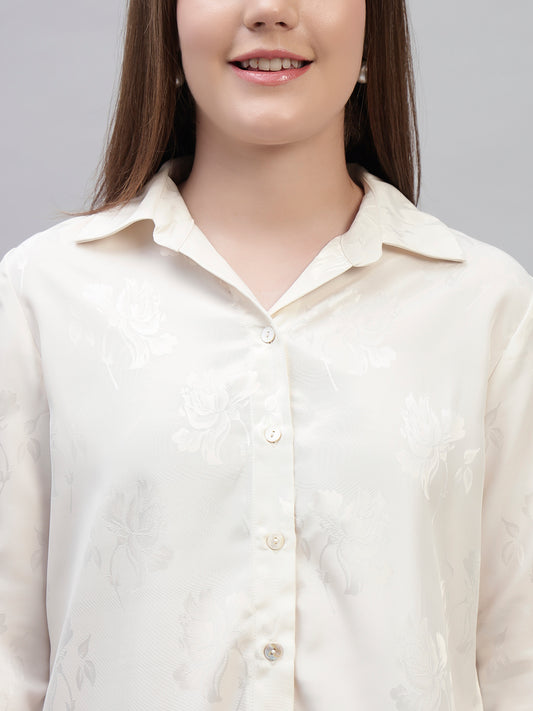 Women's Off White Self Design Full Sleeves Spread Collar Casual Top