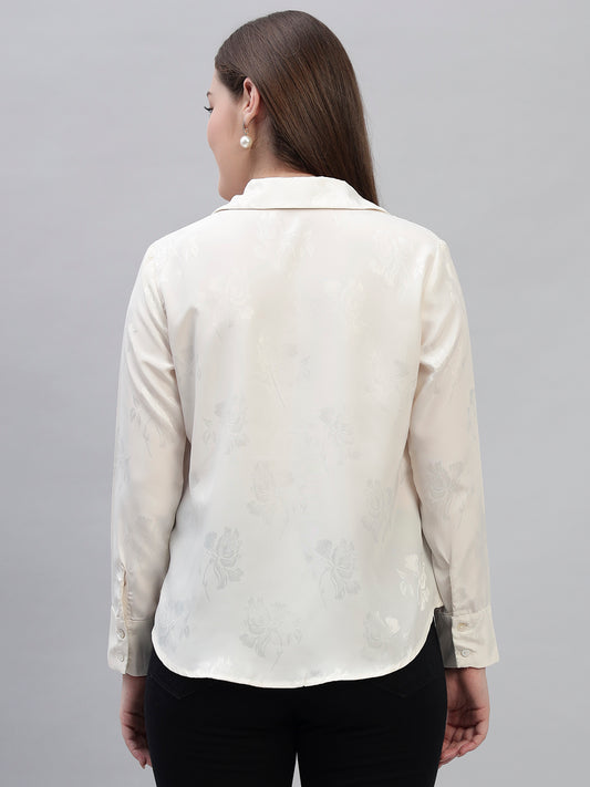 Women's Off White Self Design Full Sleeves Spread Collar Casual Top