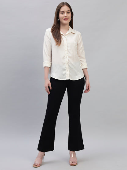 Women's Off White Self Design Full Sleeves Spread Collar Casual Top