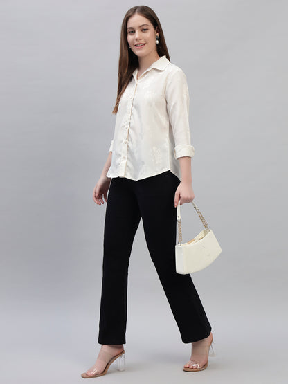 Women's Off White Self Design Full Sleeves Spread Collar Casual Top