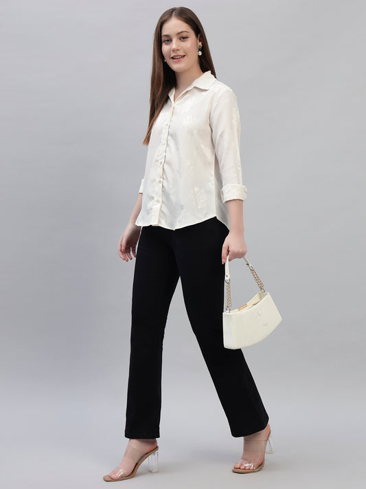 Women's Off White Self Design Full Sleeves Spread Collar Casual Top