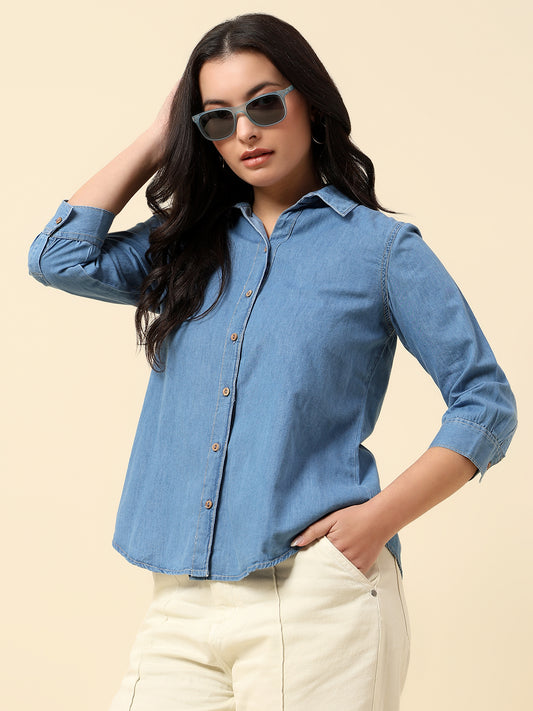 Top for Women | Breathable & Soft with Color Fastness Regular Fit Spread Collar Cotton Fabric Solid Pattern