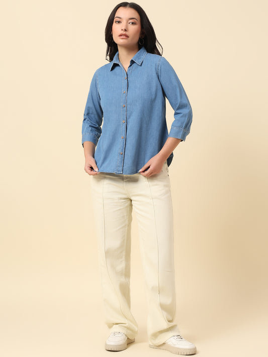 Top for Women | Breathable & Soft with Color Fastness Regular Fit Spread Collar Cotton Fabric Solid Pattern