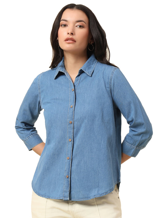 Top for Women | Breathable & Soft with Color Fastness Regular Fit Spread Collar Cotton Fabric Solid Pattern