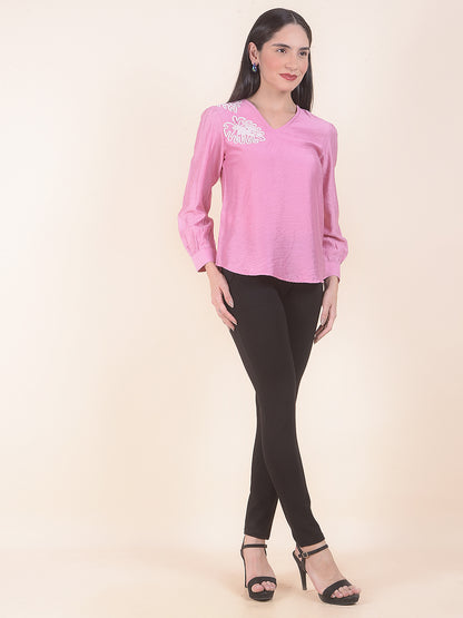 Women Pink Regular Fit Solid Full Sleeve Top