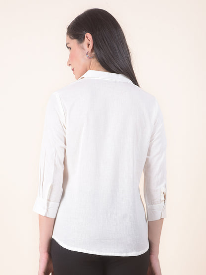 Women White Regular Fit Solid Embroidered Half Sleeve Top