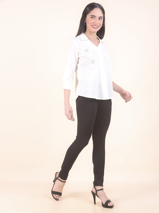 Women White Regular Fit Solid Embroidered Half Sleeve Top