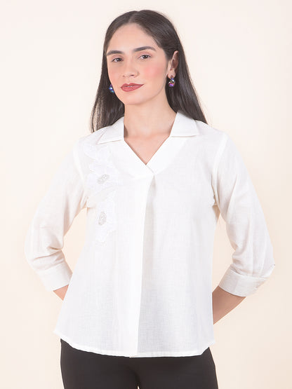 Women White Regular Fit Solid Embroidered Half Sleeve Top