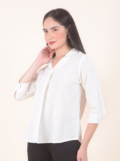 Women White Regular Fit Solid Embroidered Half Sleeve Top