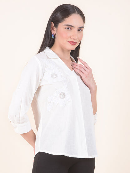 Women White Regular Fit Solid Embroidered Half Sleeve Top