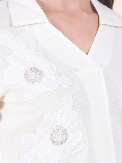 Women White Regular Fit Solid Embroidered Half Sleeve Top